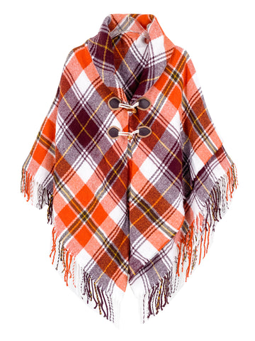 Bronze Plaid Tasseled Toggle Poncho Wrap